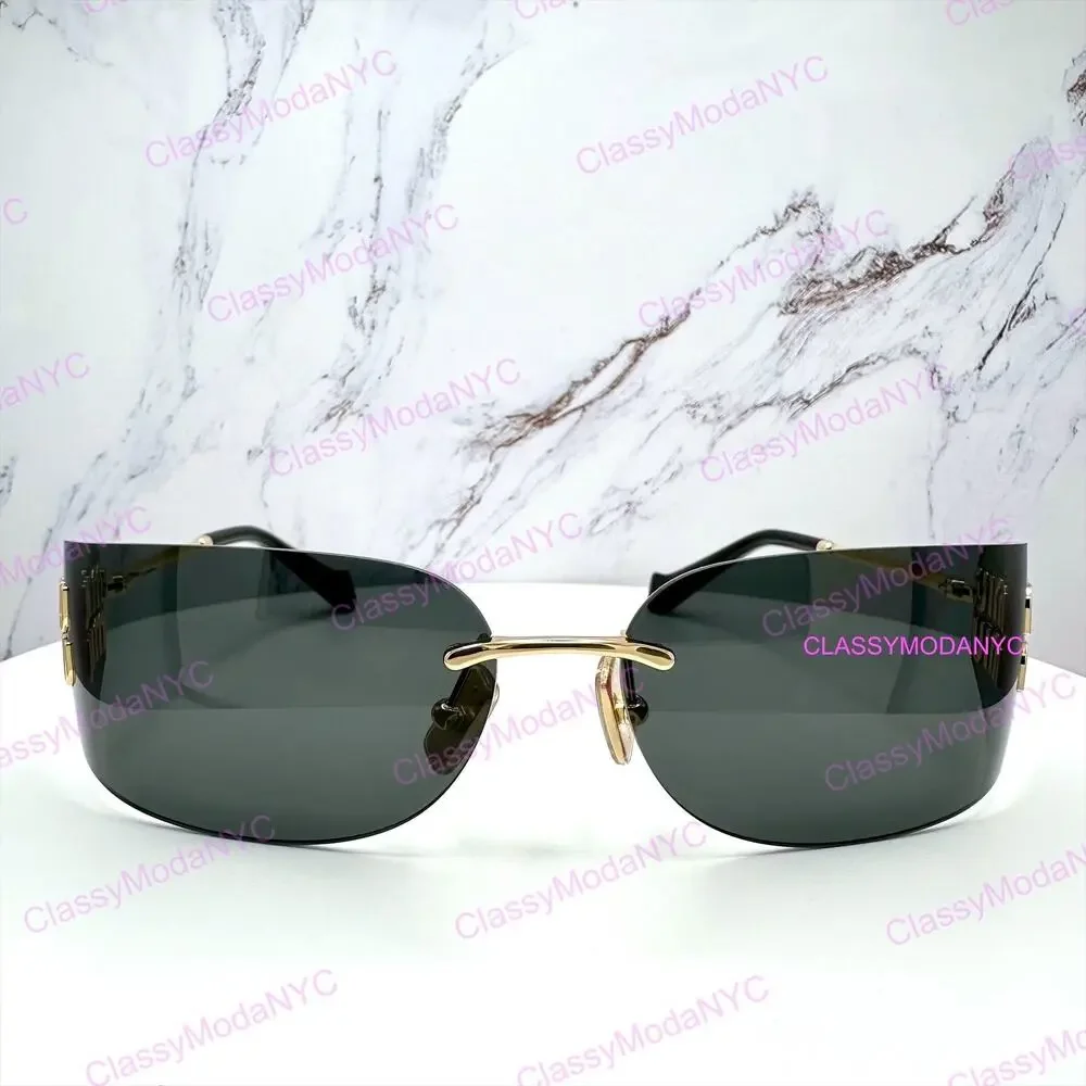 New MIU MIU Sunglasses Gold Dark Gray Lens Runway Wrap Rimless Authentic Miu Miu